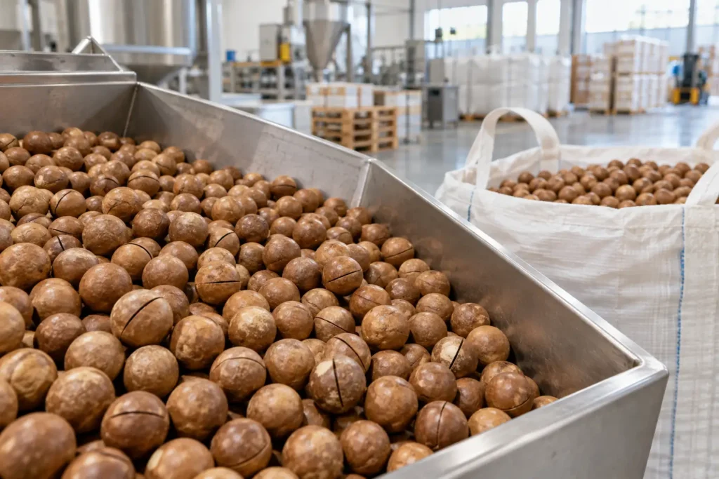Bulk Macadamia Nuts in Modern Factory